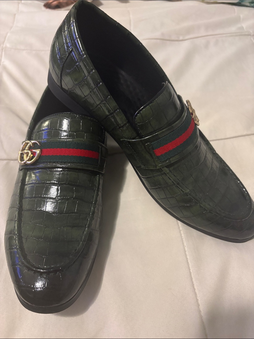 Men's Dark Green Croc-Embossed Slip-On Loafers with Web Stripe